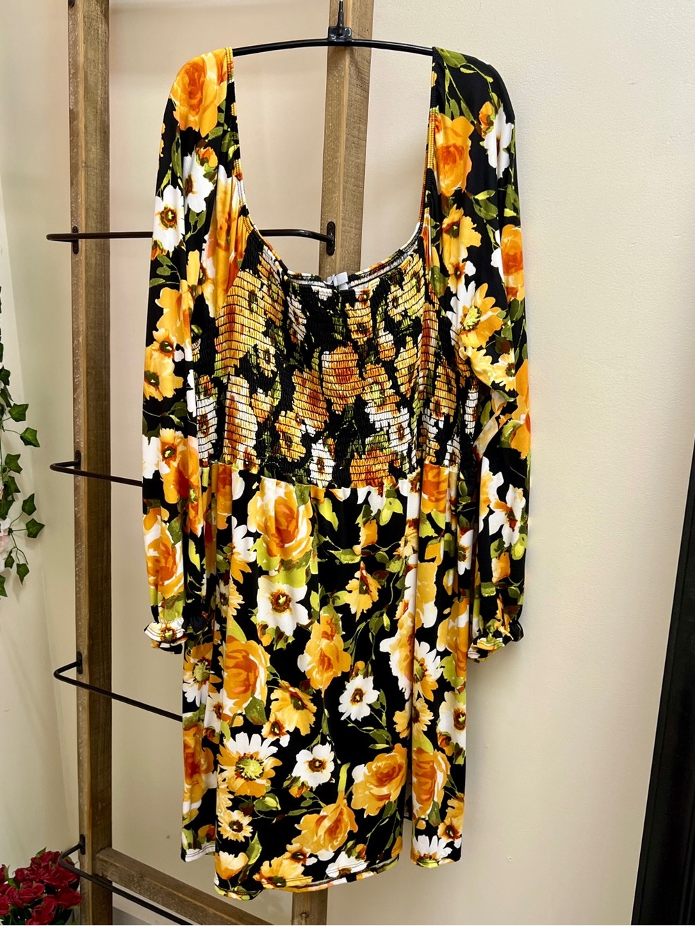 white birch Black Floral Smocked Midi Dress with Yellow Roses